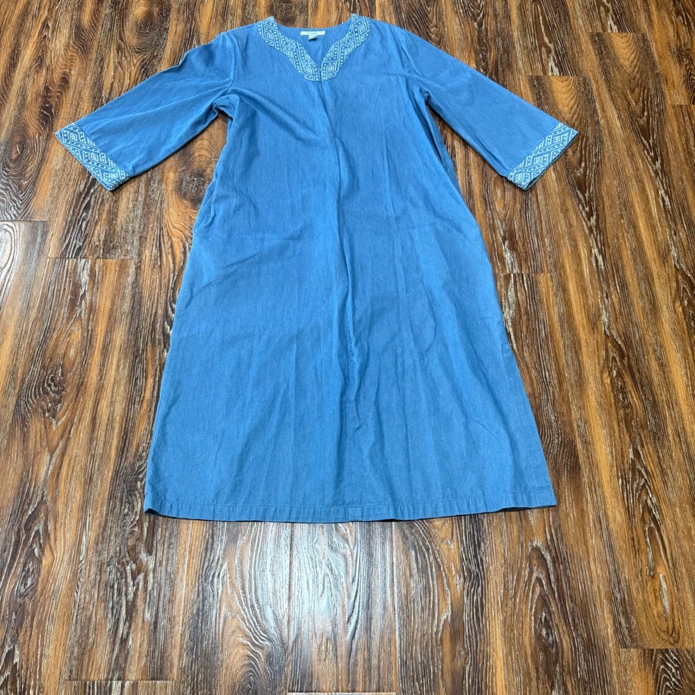 Go Softly Patio Womens Blue Cotton Denim Zip Front Housecoat Robe Embroidery M